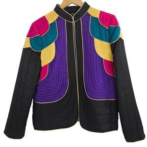 Suzelle Womens Vtg 80s 90s Colorblock Statement Ecelectic Silk Quilted Jacket 12